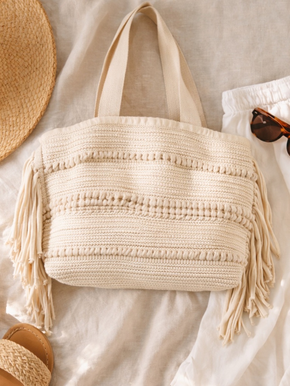H&M Cream Woven Fringe Tote Bag